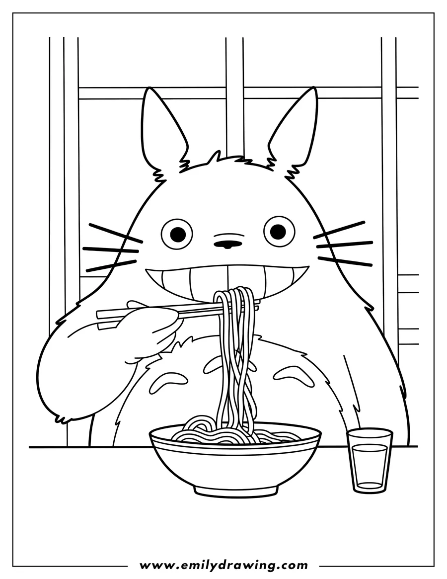 Outline of Totoro happily eating a bowl of noodles with chopsticks, with a glass of water next to the bowl.