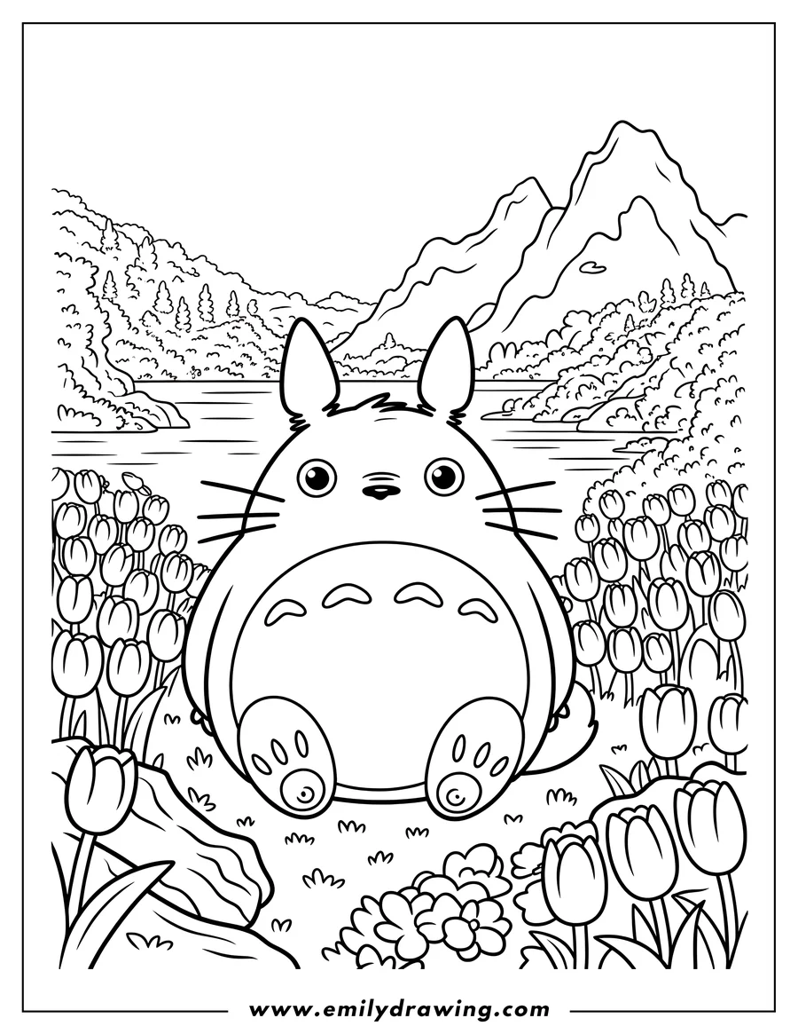Line art of Totoro sitting in a field of blooming tulips, with mountains and a lake in the background.