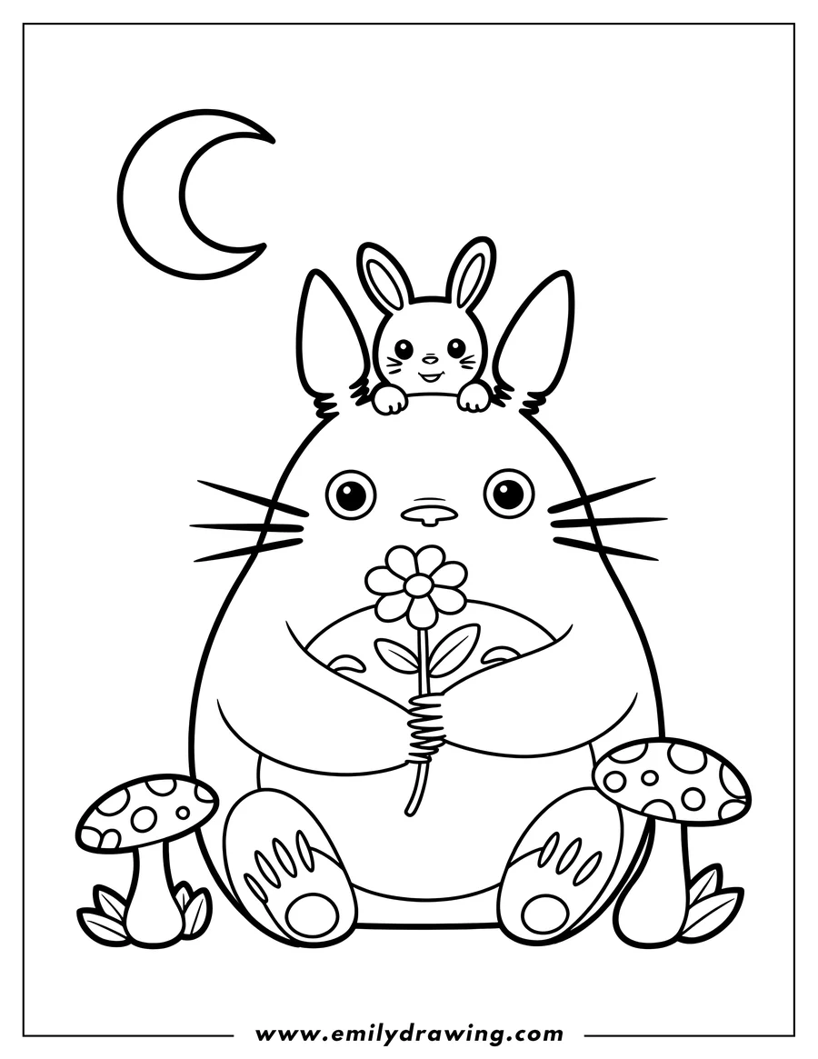 Line art of a large Totoro character holding a flower, with a small rabbit character peeking over its head. Two mushrooms are on either side, and a crescent moon is in the sky.