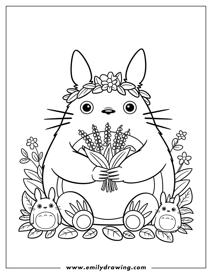 Line art of Totoro wearing a flower crown, holding a bouquet of flowers, with two small Totoros sitting beside him, surrounded by leaves and blossoms.