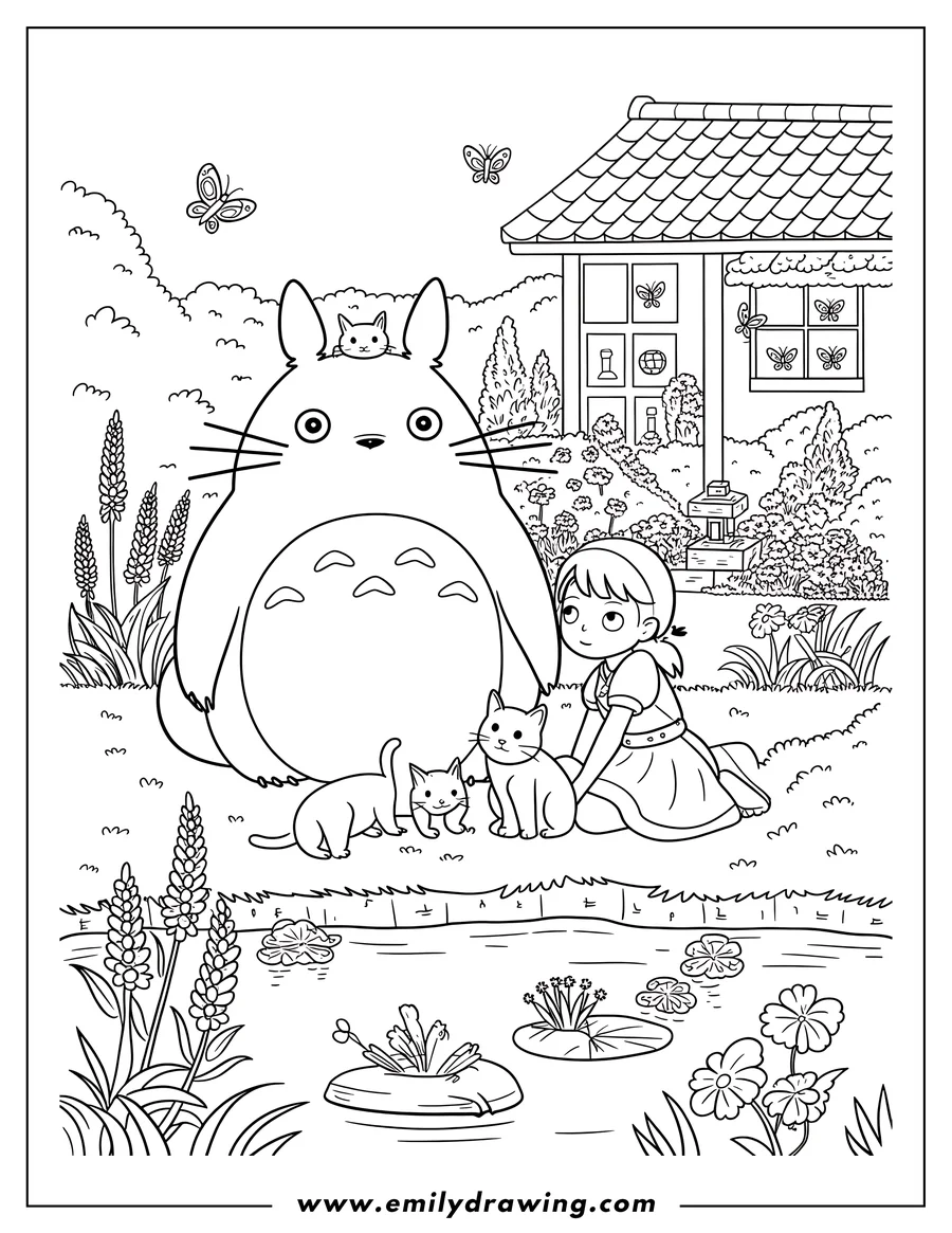 Line art of Totoro and a girl with two cats near a pond, with a house and butterflies in the background.