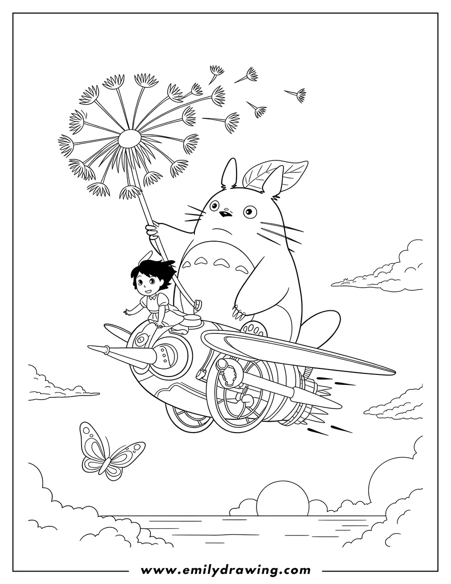 Line art of Totoro and a small girl flying together on a whimsical steampunk-style flying machine, with Totoro holding a large dandelion and seeds blowing in the wind. A butterfly flies below them over a cloudy horizon.
