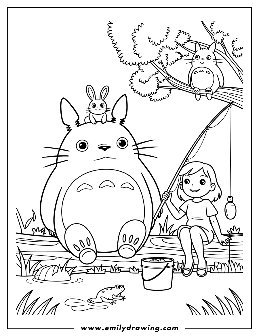 Line art of a large Totoro sitting by a pond with a small rabbit on its head. A girl is sitting next to Totoro, holding a fishing rod. Another small Totoro is perched in a tree above them. A frog is jumping in the water.