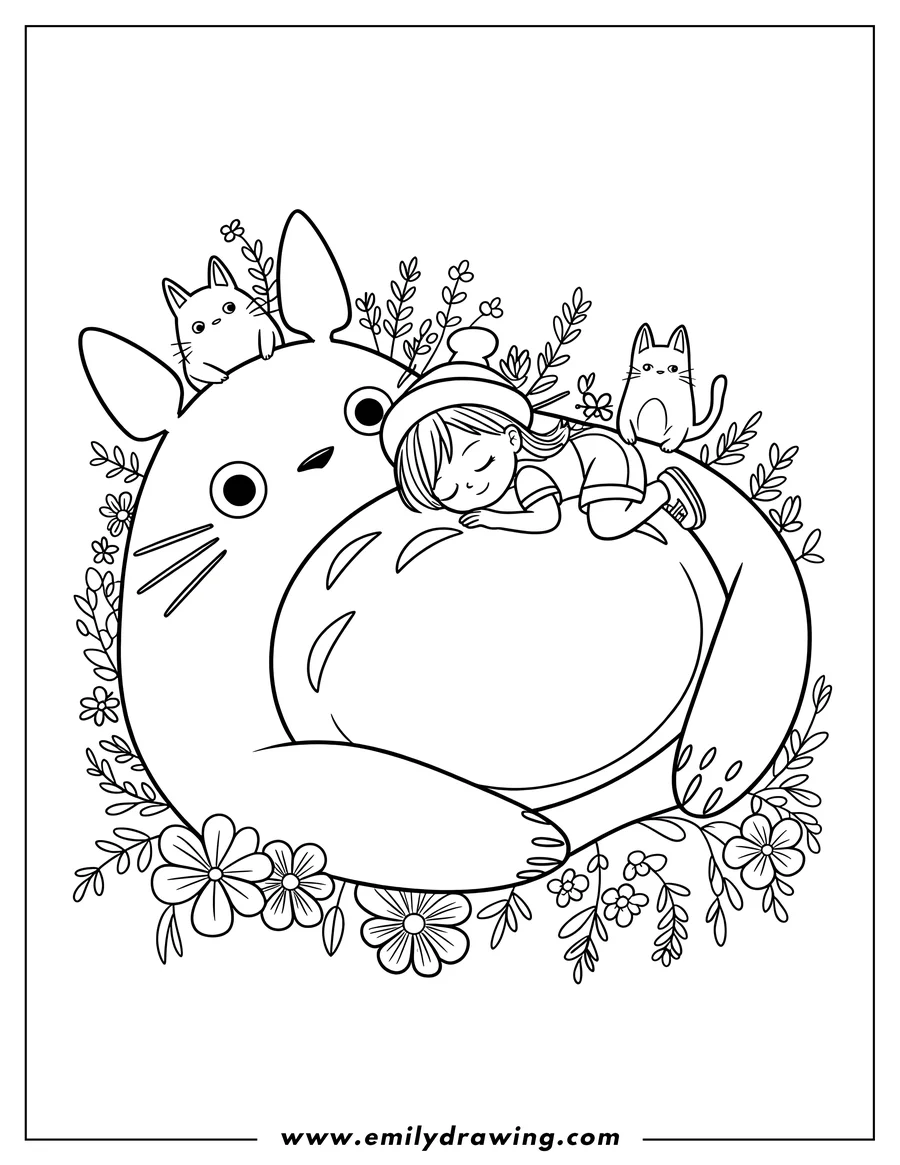 Line art of Totoro with a small girl sleeping on its belly, surrounded by two cats, flowers, and leaves.
