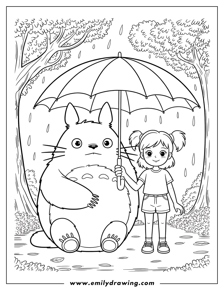 Line art of Totoro with a small girl holding an umbrella for him in the rain, under trees.