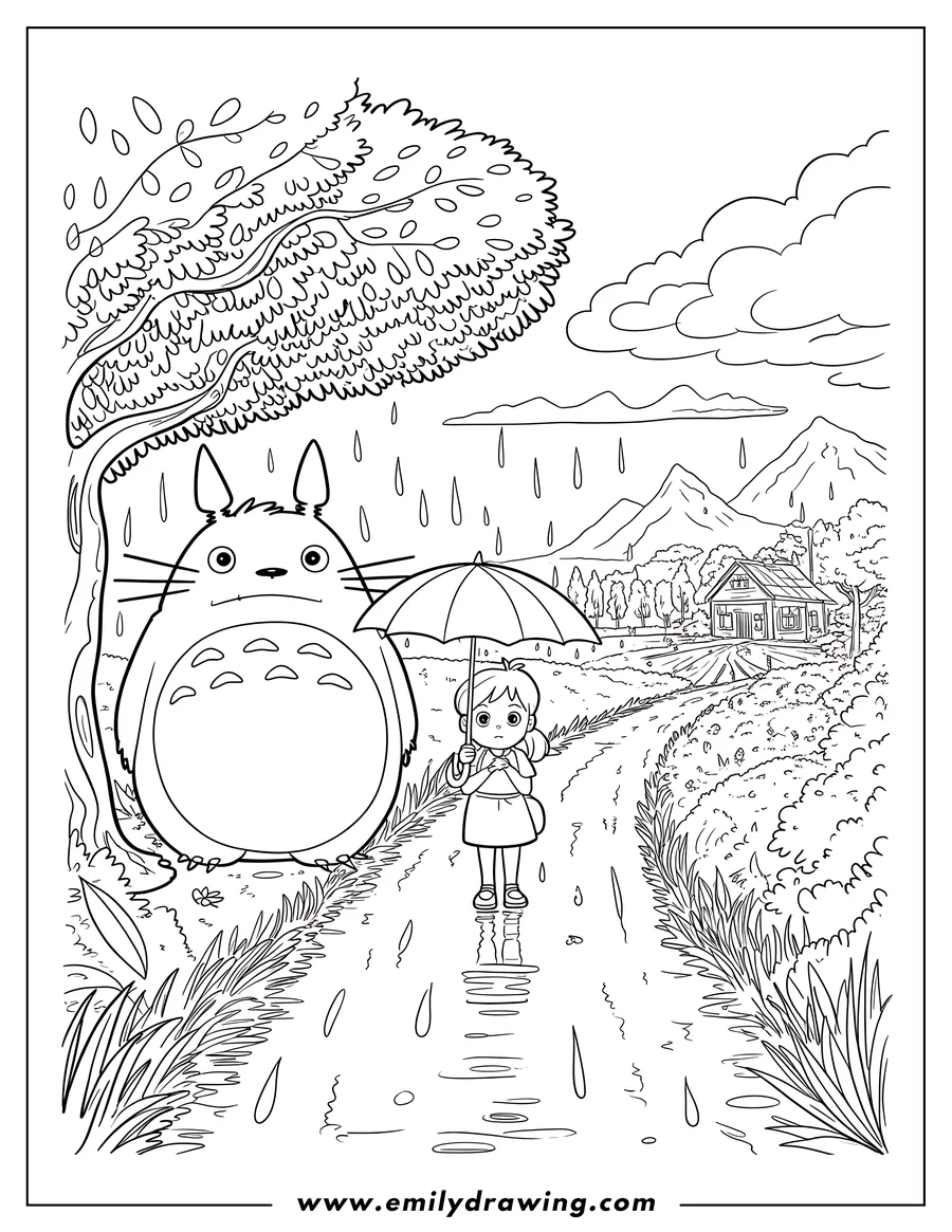 Line art of Totoro and a small girl standing under a tree in the rain, with the girl holding an umbrella and a house in the background.