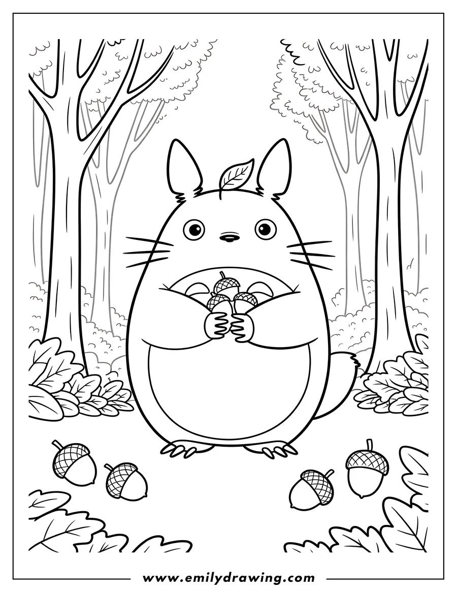 Line art of Totoro holding several acorns in a forest with trees and fallen leaves surrounding him