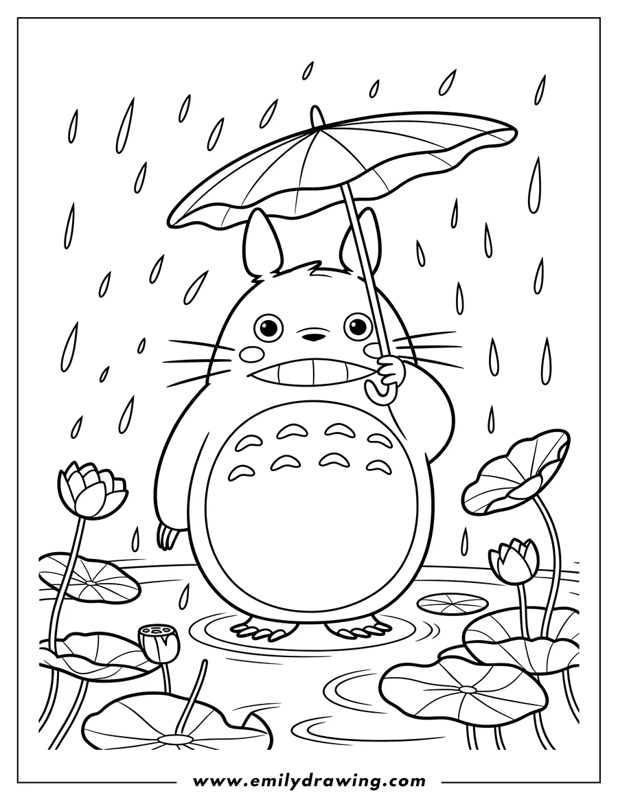 Line art of Totoro holding an open umbrella while standing in a pond with lily pads and lotus flowers, with raindrops falling.