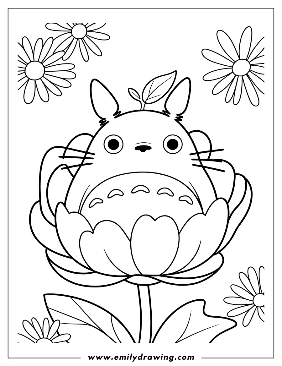 Line art of a round Totoro character with pointed ears and a leaf on its head, sitting inside a large, blooming flower, surrounded by several smaller daisy-like flowers.