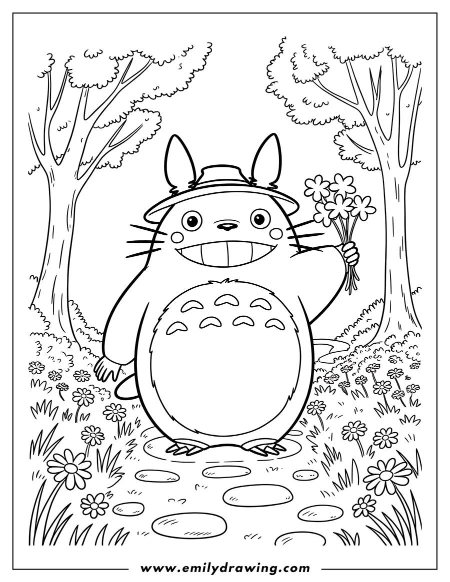 Line art of Totoro wearing a hat and holding a bouquet of flowers in a forest clearing with stepping stones and many small flowers
