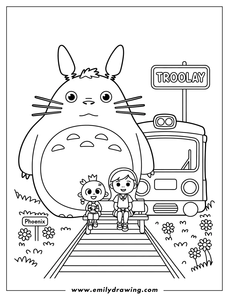 Line art of a large Totoro with two small children sitting on a bench at a bus stop, with a bus in the background and a sign that says 'TROOLAY'