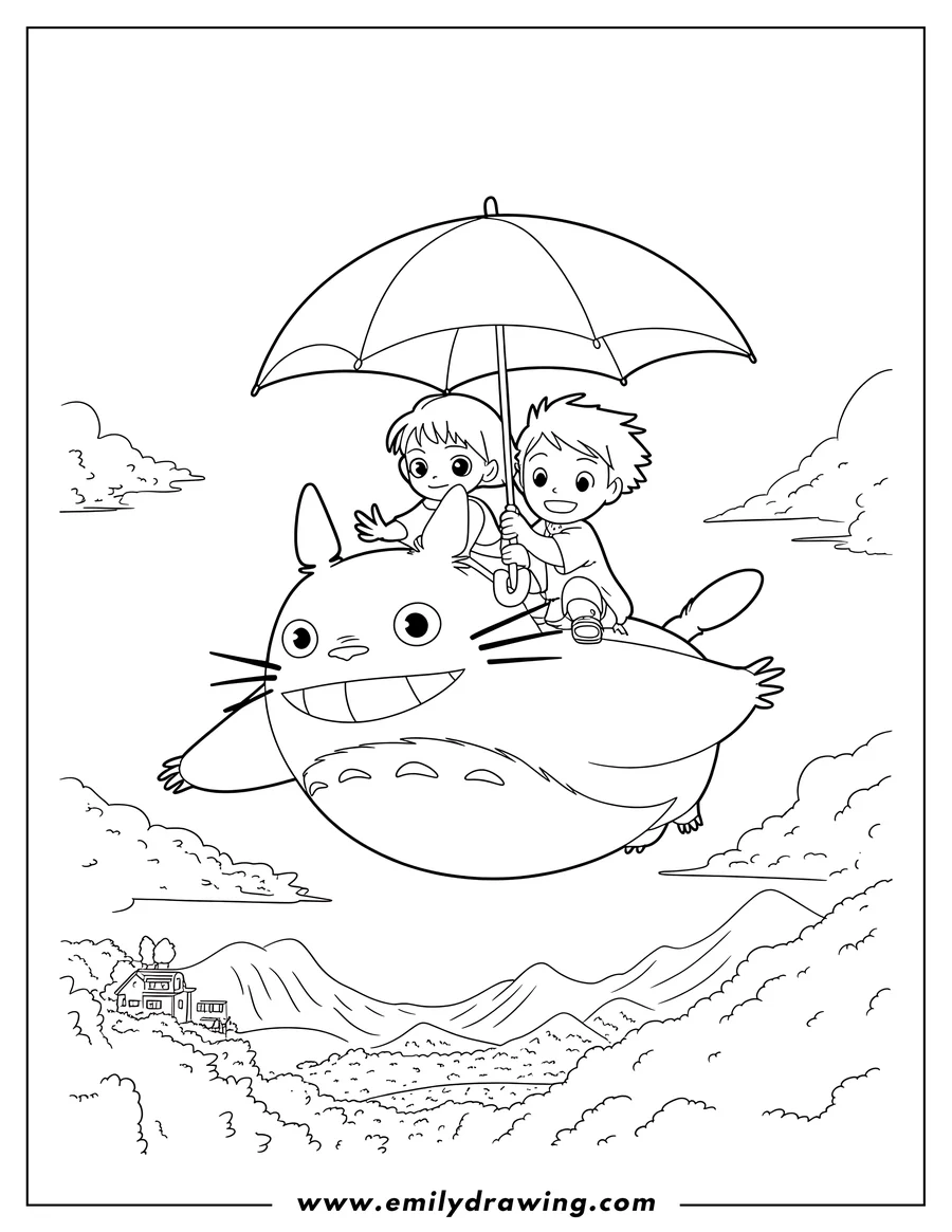 Line art of Totoro flying with two children holding an umbrella on its back, high above mountains and clouds.