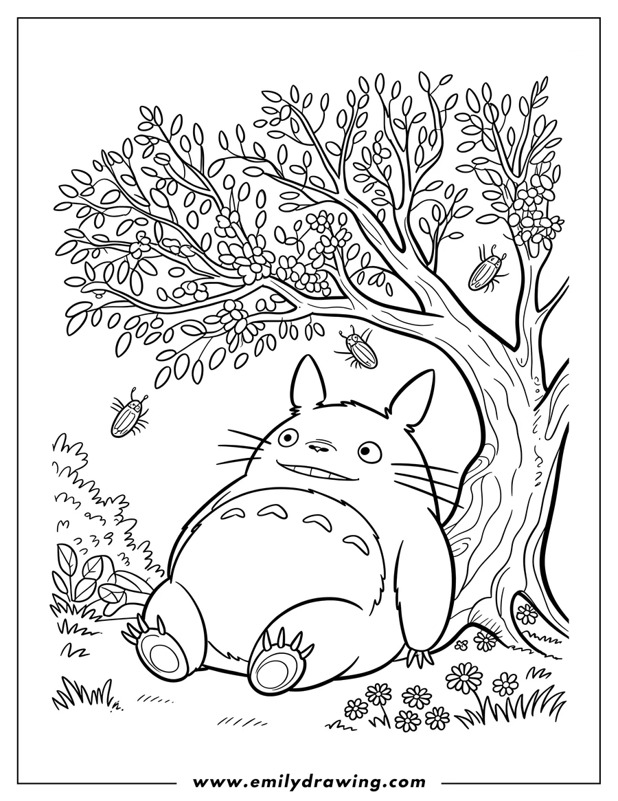 Line art of a large, round Totoro character sitting and leaning against the trunk of a big, leafy tree with flowers and bugs in the foreground.