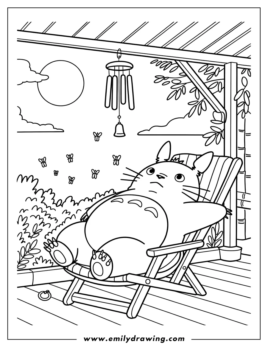 Line art of Totoro lounging in a striped chair on a porch, looking up. A wind chime hangs above, with butterflies, a moon, and lush bushes in the background.