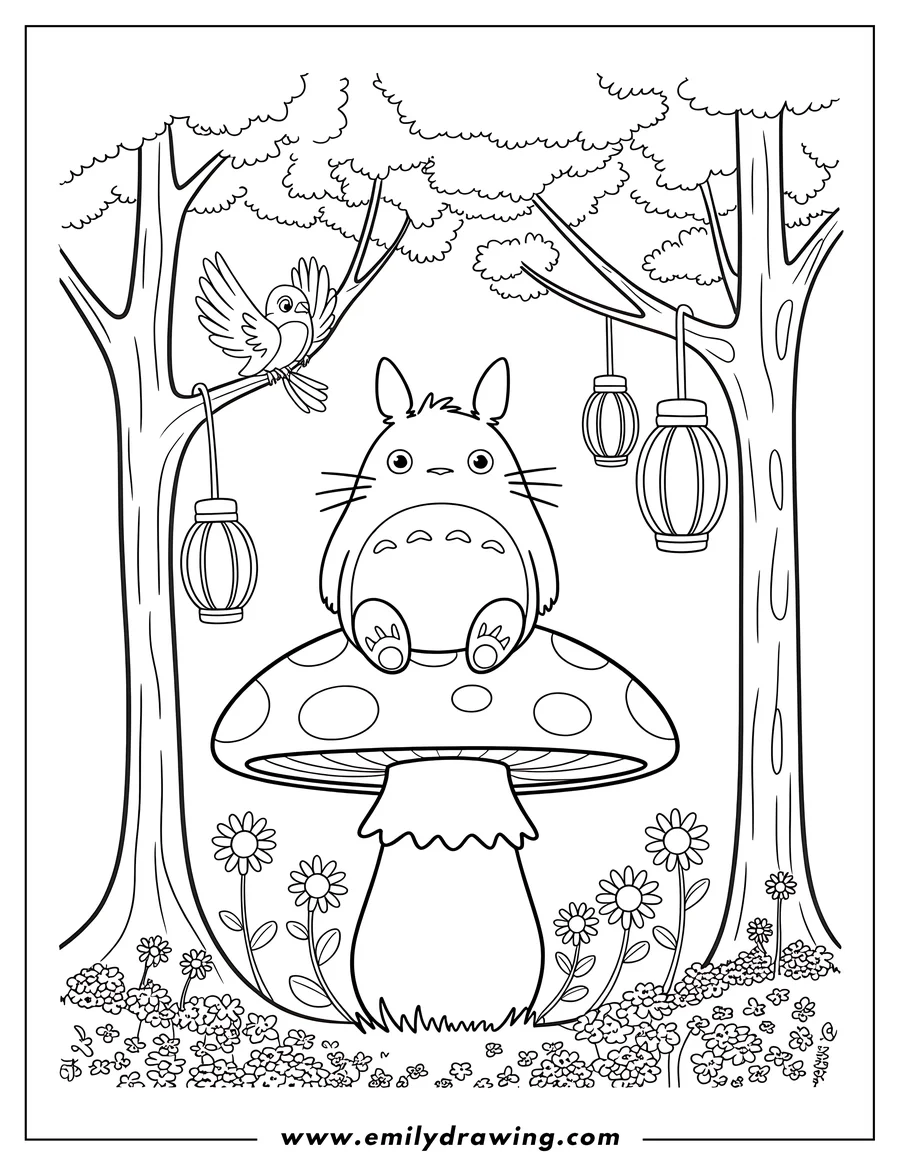 Outline of a Totoro character sitting on a large spotted mushroom, surrounded by trees with hanging lanterns, flowers, and a small bird perched on a branch.