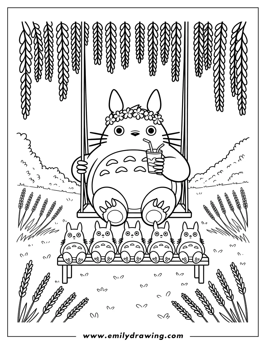 Line art of Totoro sitting on a swing and holding a drink with a straw, wearing a flower crown. Several smaller Totoros sit on a bench below, surrounded by grass and leafy vines.