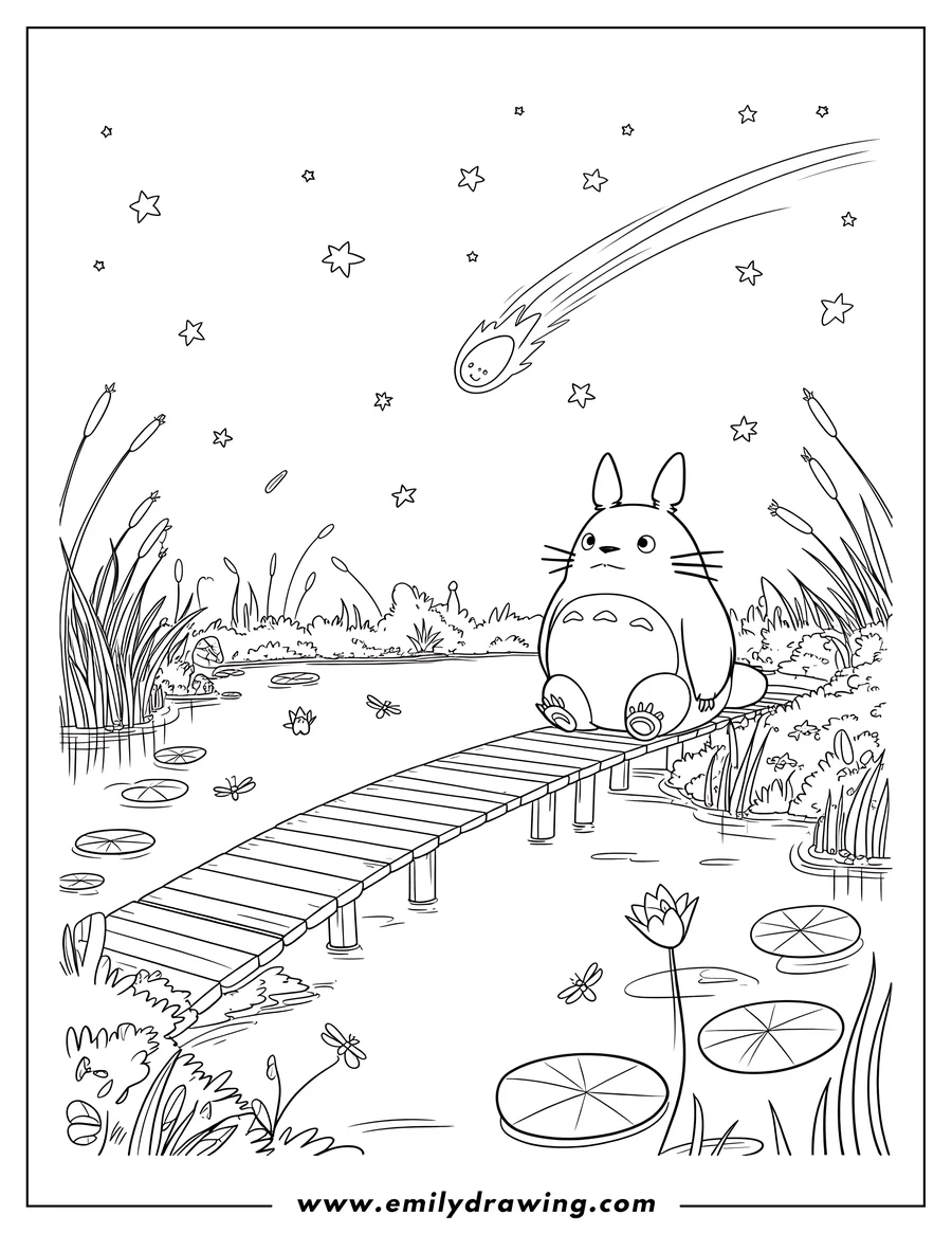 Line art of Totoro sitting on a wooden dock by a pond, with cattails, lily pads, and dragonflies, looking up at a smiling comet and stars in the night sky.