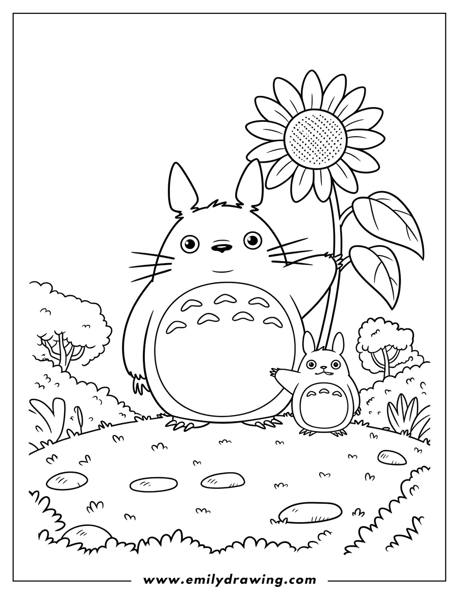Line art of a large Totoro and a small Totoro standing next to a tall sunflower in a grassy field with bushes.