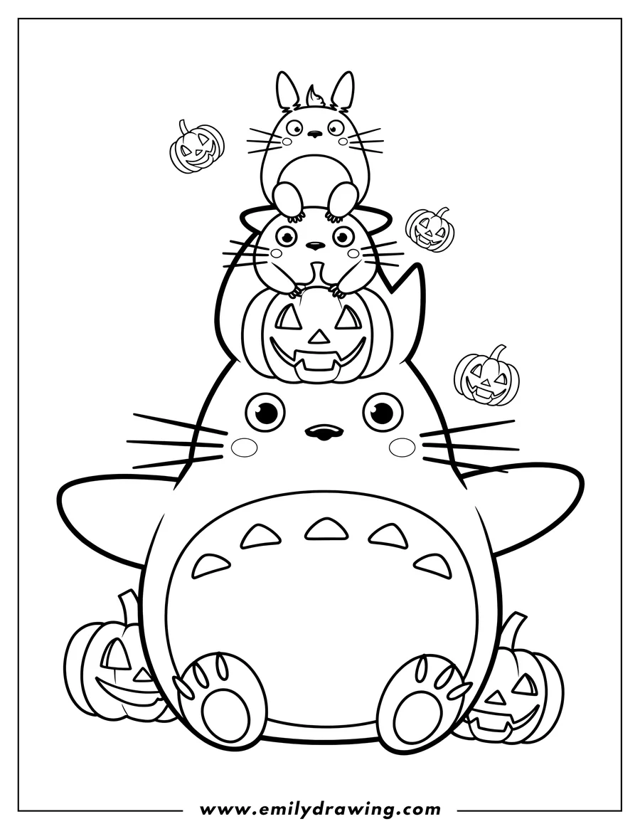 Line art of a large Totoro sitting with two smaller spirits stacked on its head. Several carved jack-o'-lantern pumpkins are around them.