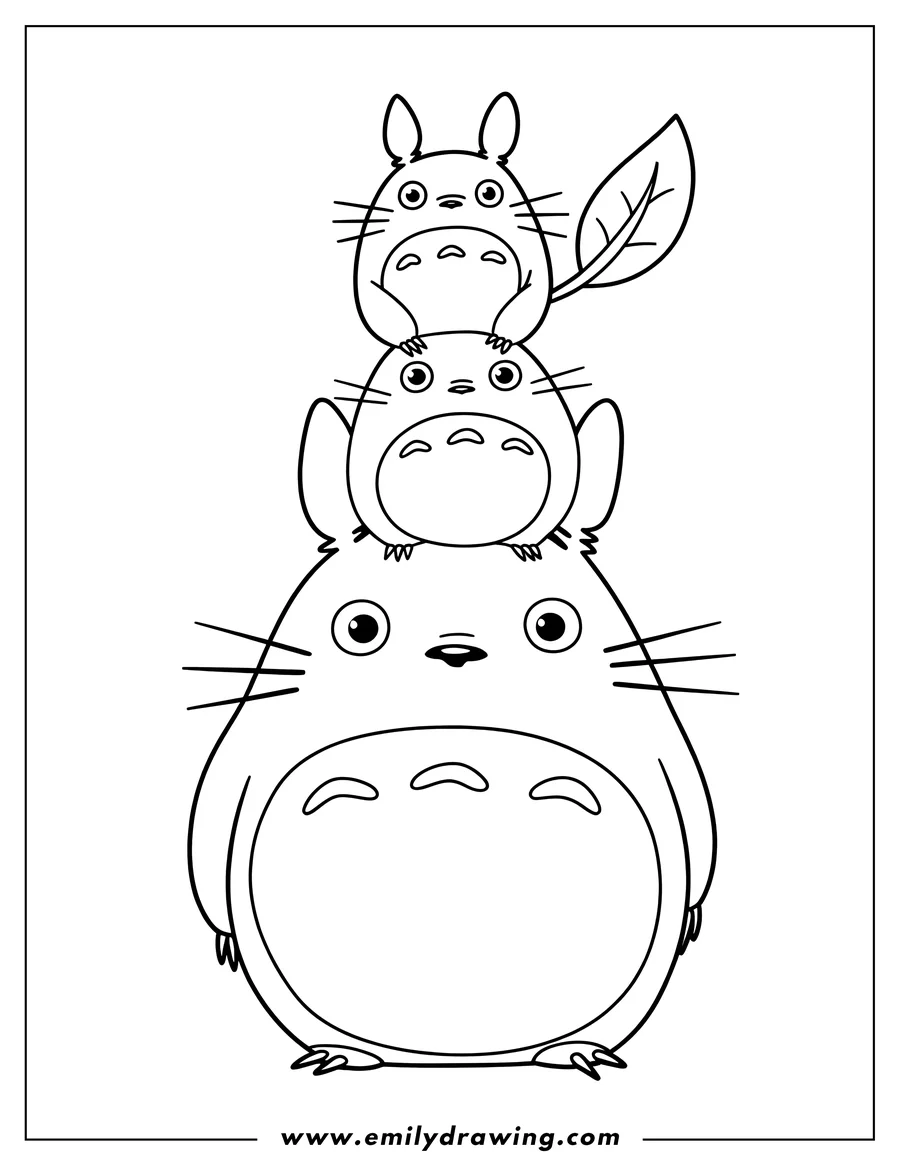Outline of three Totoro characters stacked on top of each other, with the smallest Totoro holding a leaf.