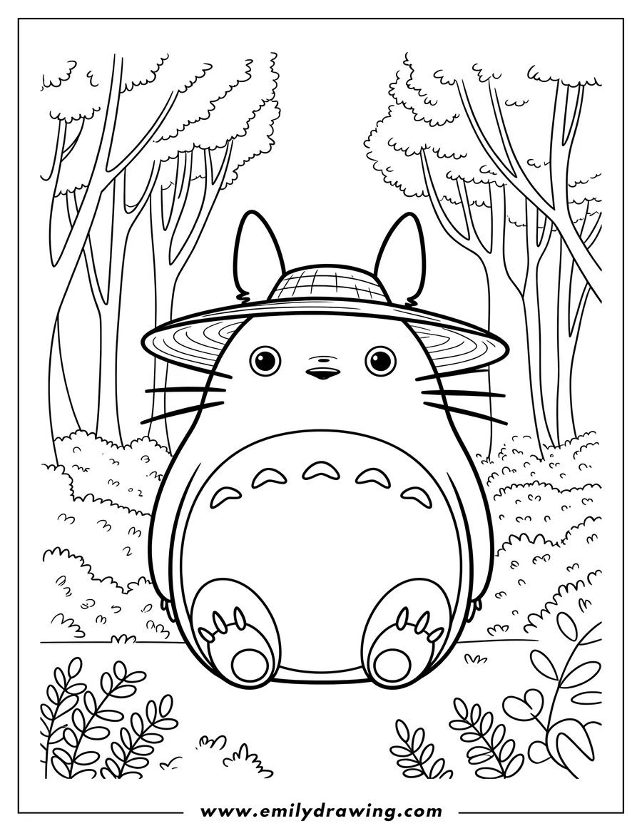 Line art of Totoro wearing a straw hat, sitting in a forest with trees and bushes in the background and foreground.