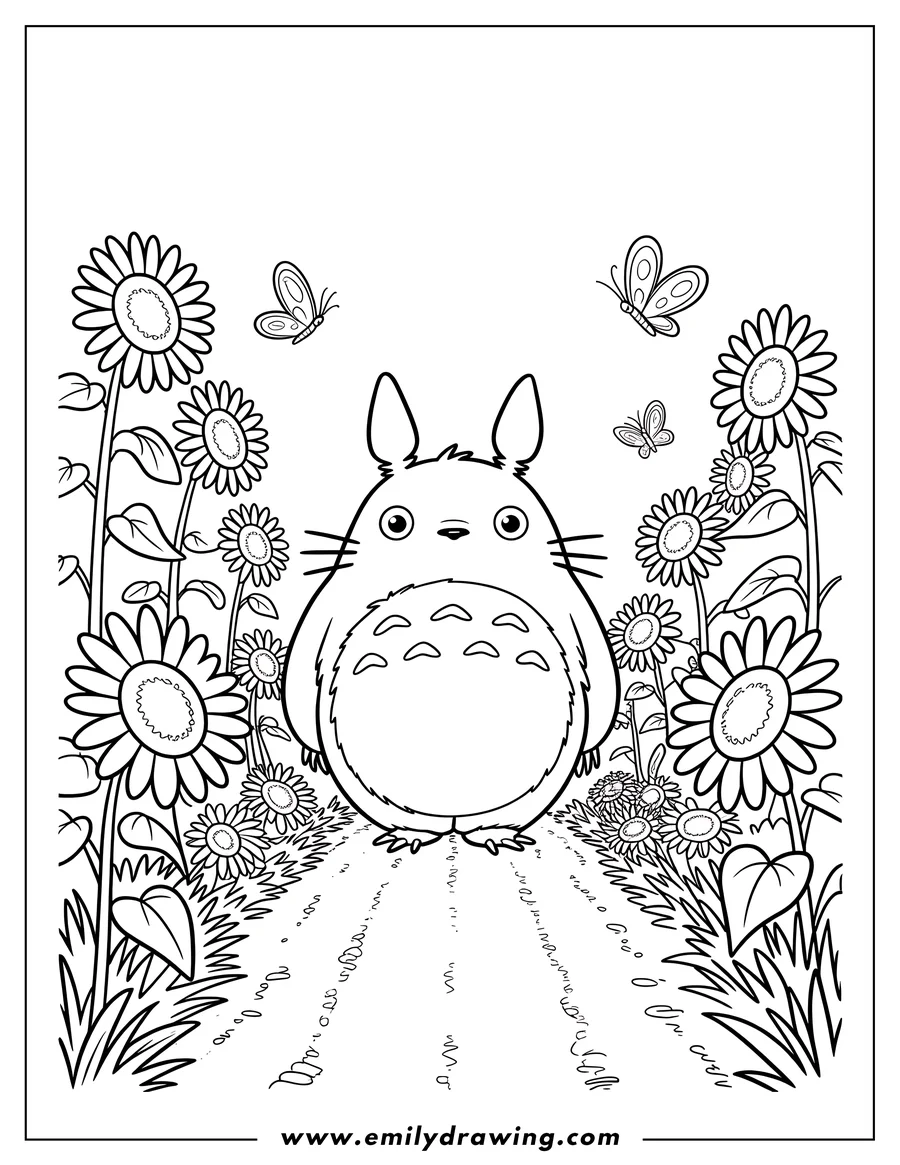 Line art of Totoro standing in a field of sunflowers with butterflies flying overhead.