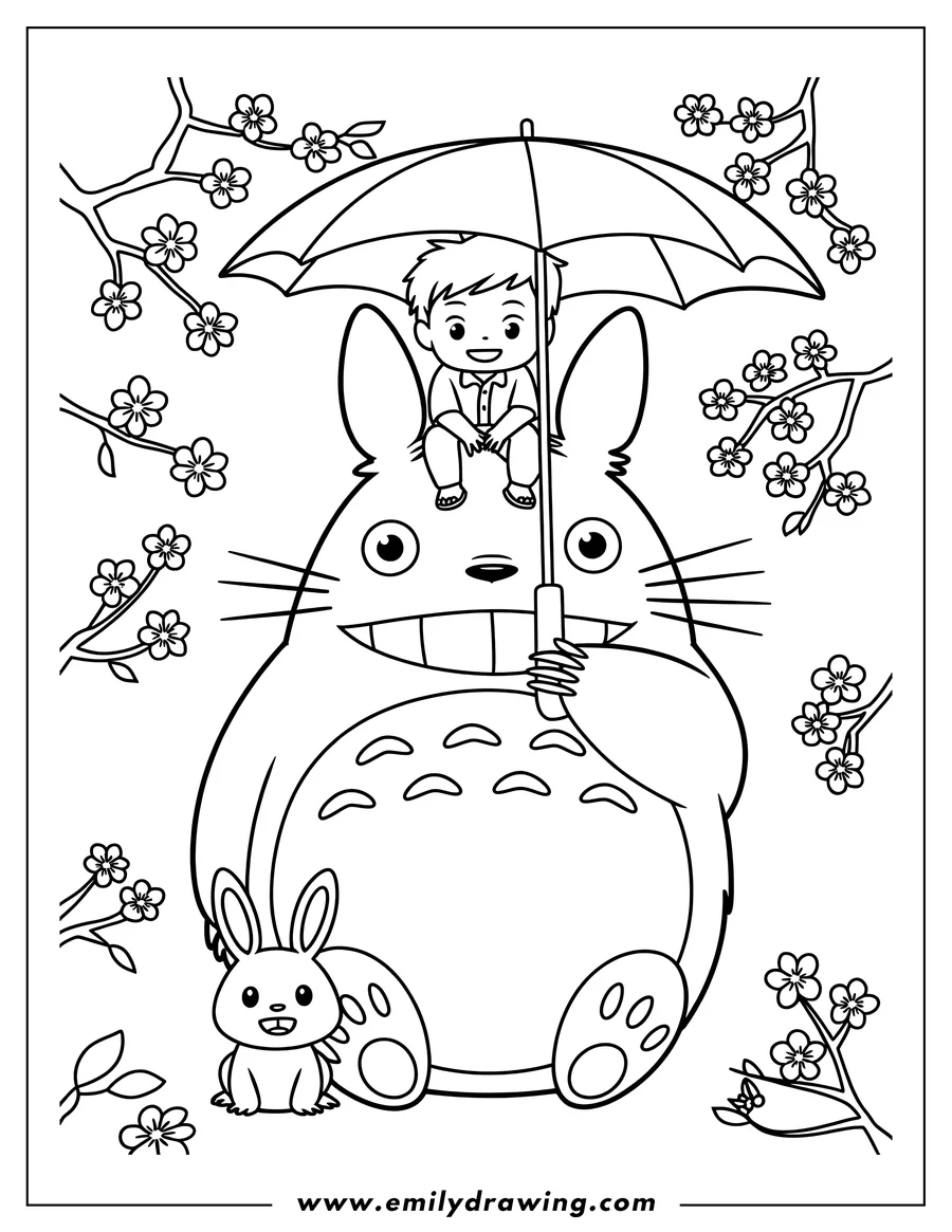 Line art of Totoro holding an umbrella, with a small child sitting on his head, a bunny at his feet, and cherry blossom branches surrounding them.