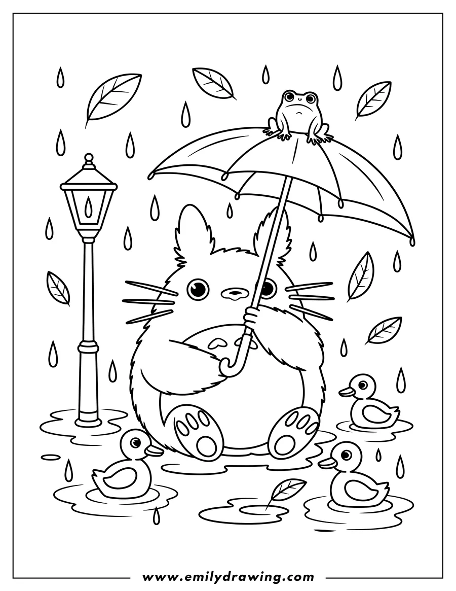 Line art of Totoro holding an umbrella in the rain, with a frog on top of the umbrella, a street lamp nearby, and three ducklings in puddles.