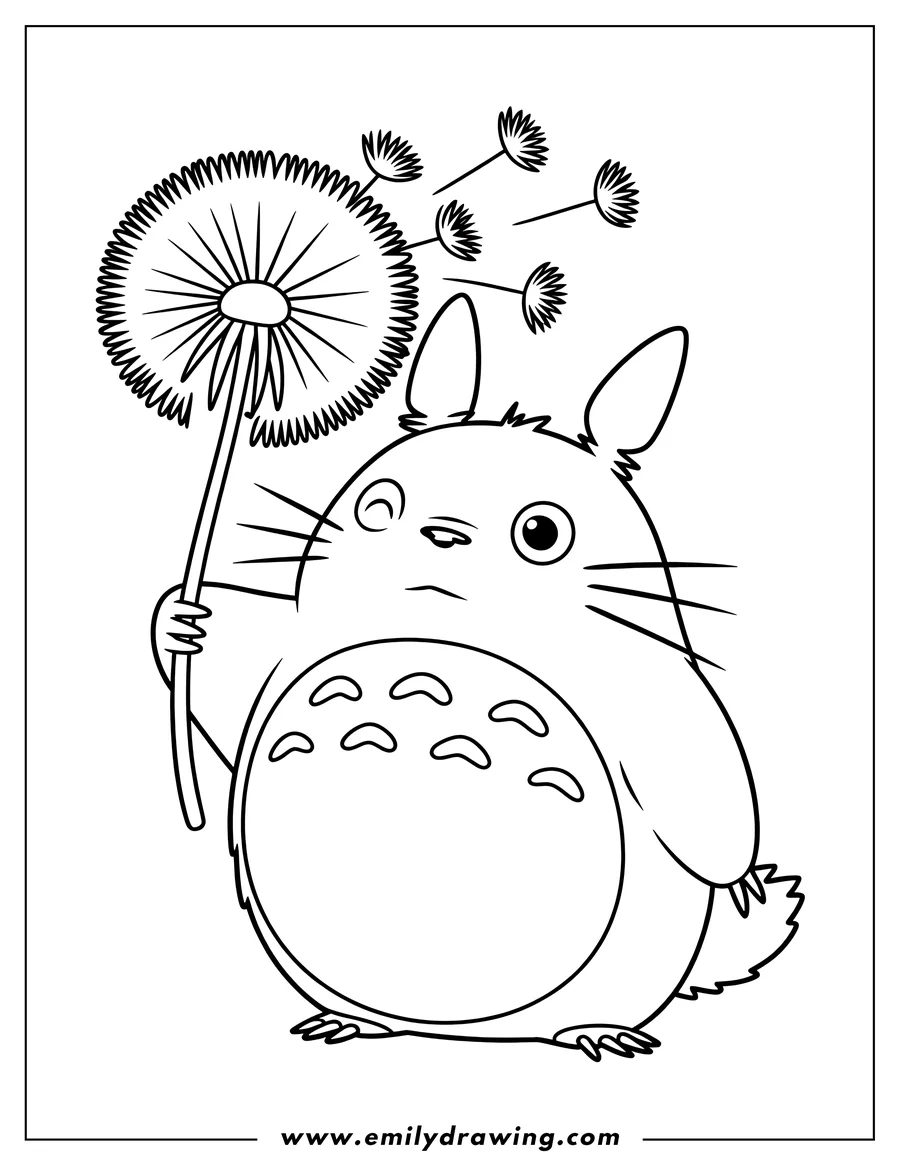 Line art of Totoro holding a large dandelion with seeds blowing away, one eye winking