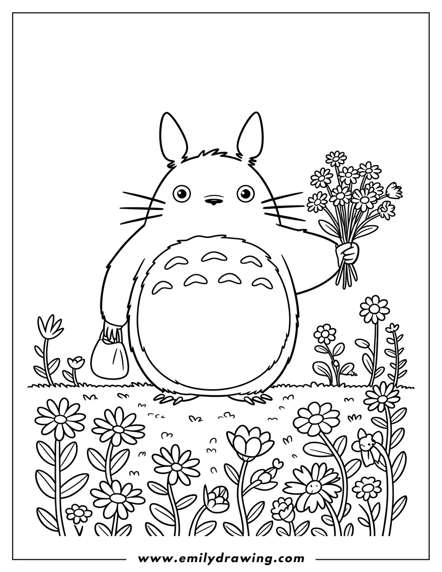 Line art of Totoro holding a bouquet of flowers and a small bag, standing in a garden with many blooming flowers around.