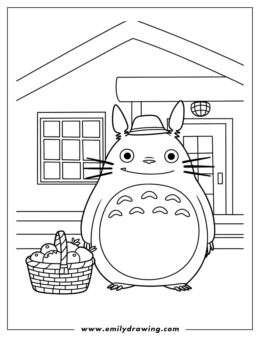 Outline of Totoro wearing a small hat, standing in front of a house with a window and a door. A basket of fruit sits beside him.