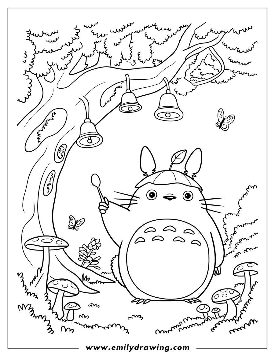 Outline of Totoro wearing a leaf hat and holding a spoon, standing under a large tree with bells hanging from its branches, surrounded by mushrooms and butterflies.