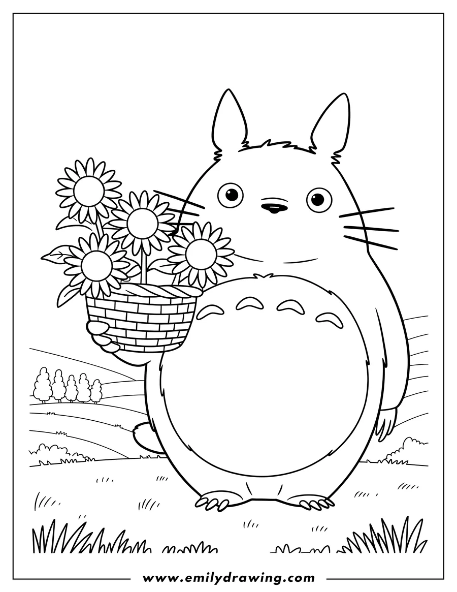 Outline of a friendly Totoro holding a woven basket filled with blooming sunflowers, standing in a grassy field with rolling hills in the background.