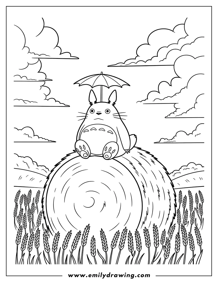 Line art of Totoro sitting on a large hay bale, holding a small umbrella over its head, surrounded by wheat stalks and clouds in the sky.