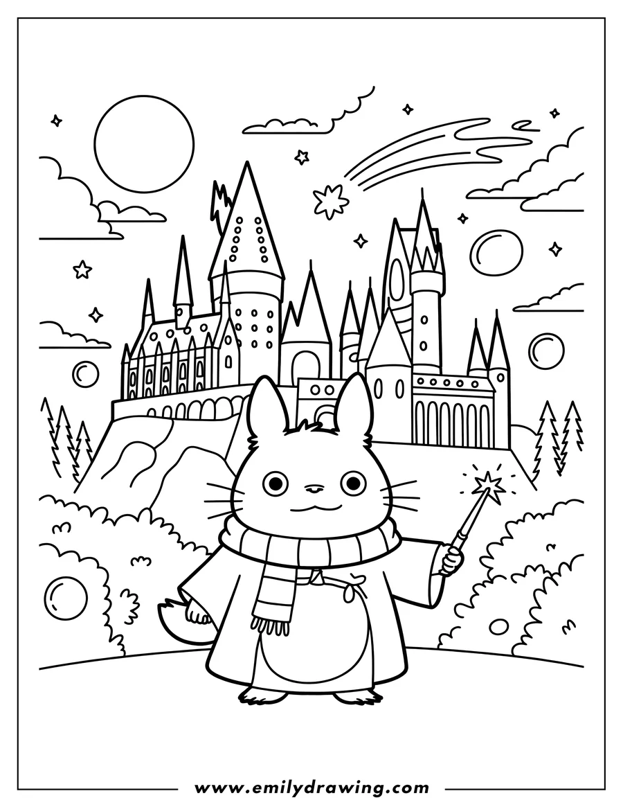 Line art of a Totoro character wearing a scarf and coat, holding a magic wand, with a large castle on a hill in the background. The sky features a moon, clouds, and a shooting star.