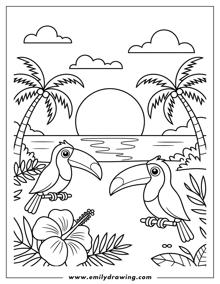 Line art of two toucans near a hibiscus flower and palm trees, with a sunset over the ocean in the background