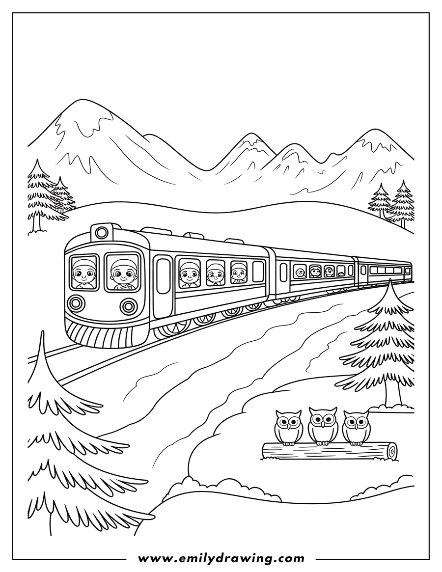 Outline of a train with children looking out the windows, traveling through a snowy mountain landscape with pine trees and three owls sitting on a log.