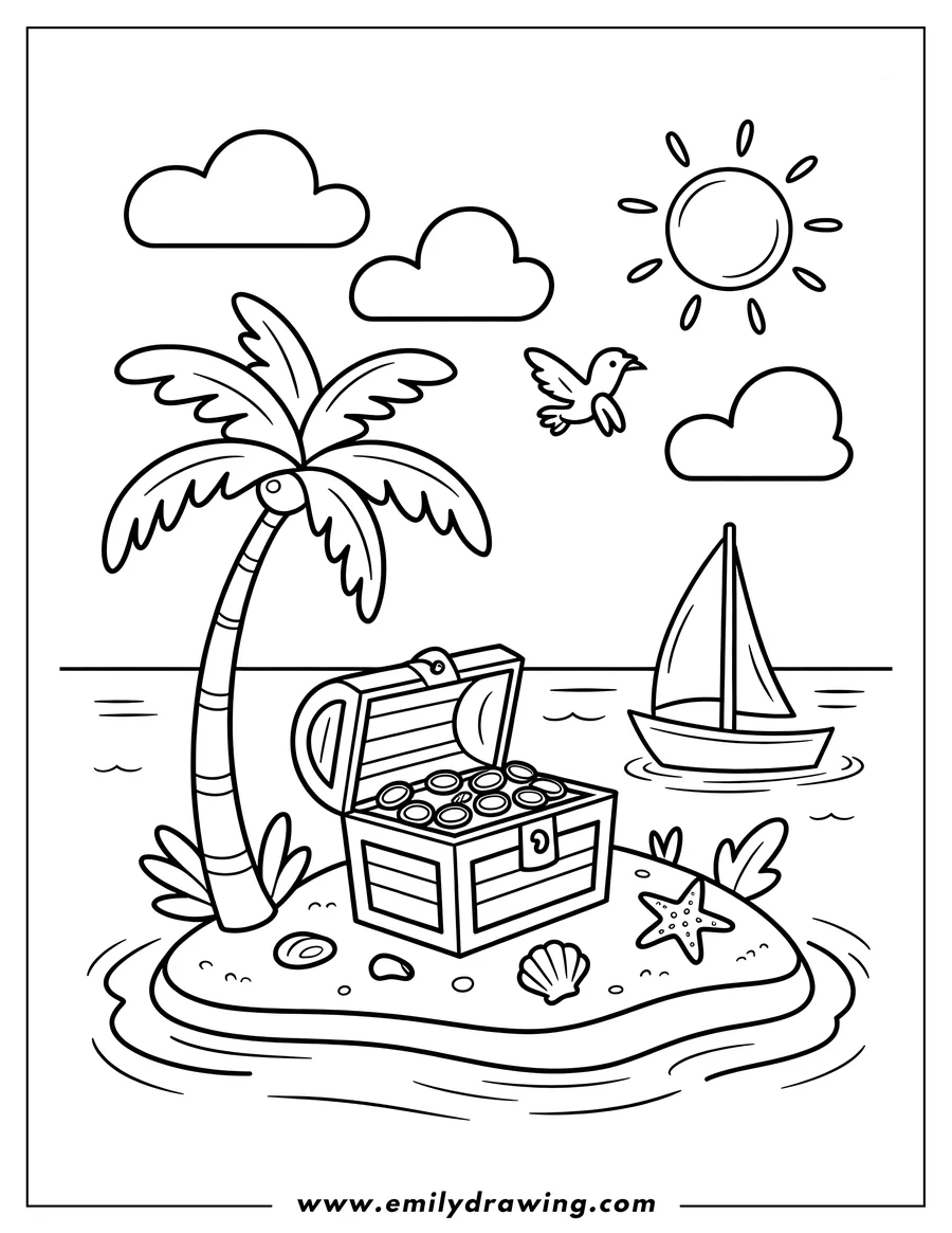 Outline of an open treasure chest filled with coins on a small island with a palm tree, surrounded by water with a sailboat and a bird flying.