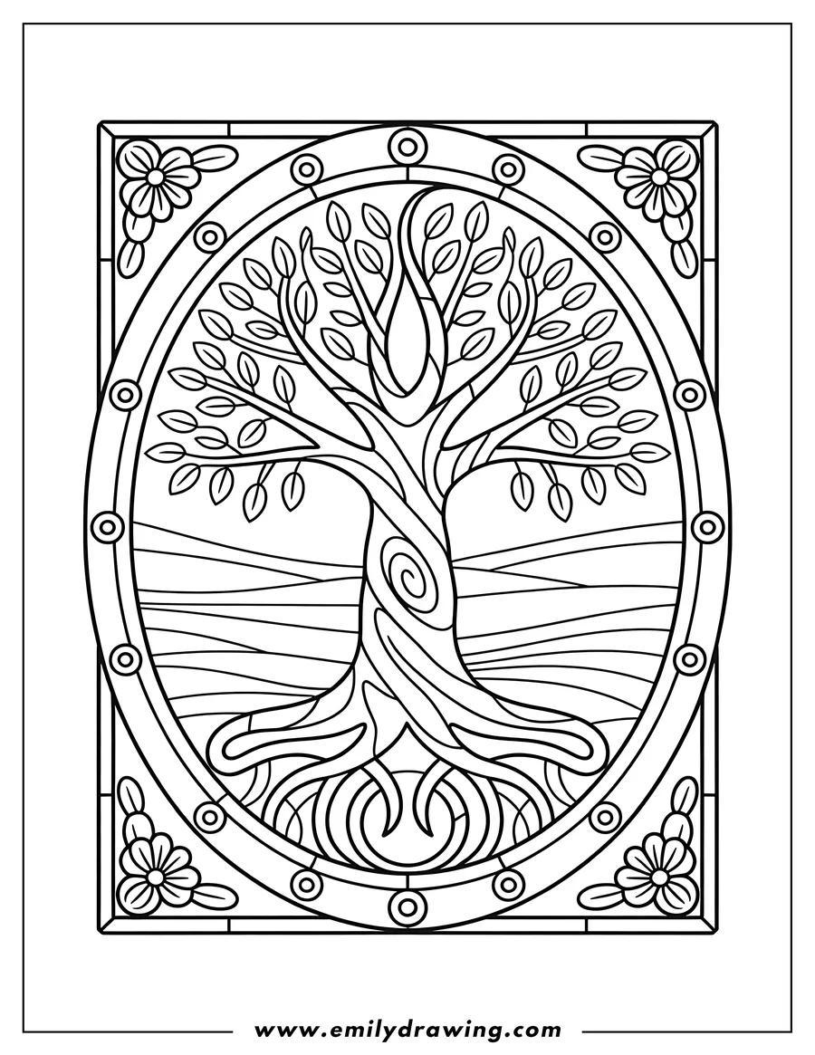 Line art of a stylized tree with detailed roots and leaves within an oval stained glass style frame decorated with small flowers and circles.