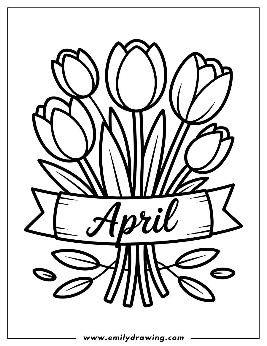 Line art of a bouquet of tulips tied with a ribbon that says April.