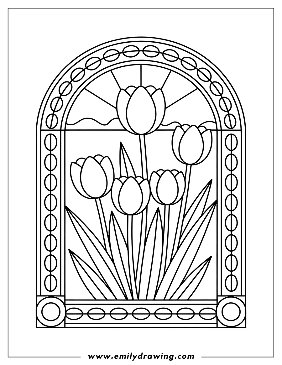 Outline of several tulips within a decorative stained glass window frame.