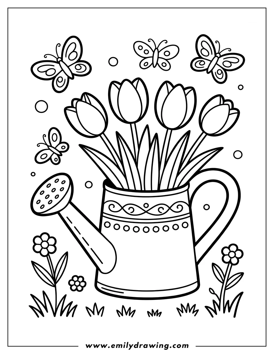 Line art of a watering can filled with tulips, surrounded by butterflies, small flowers, and grass outlines.