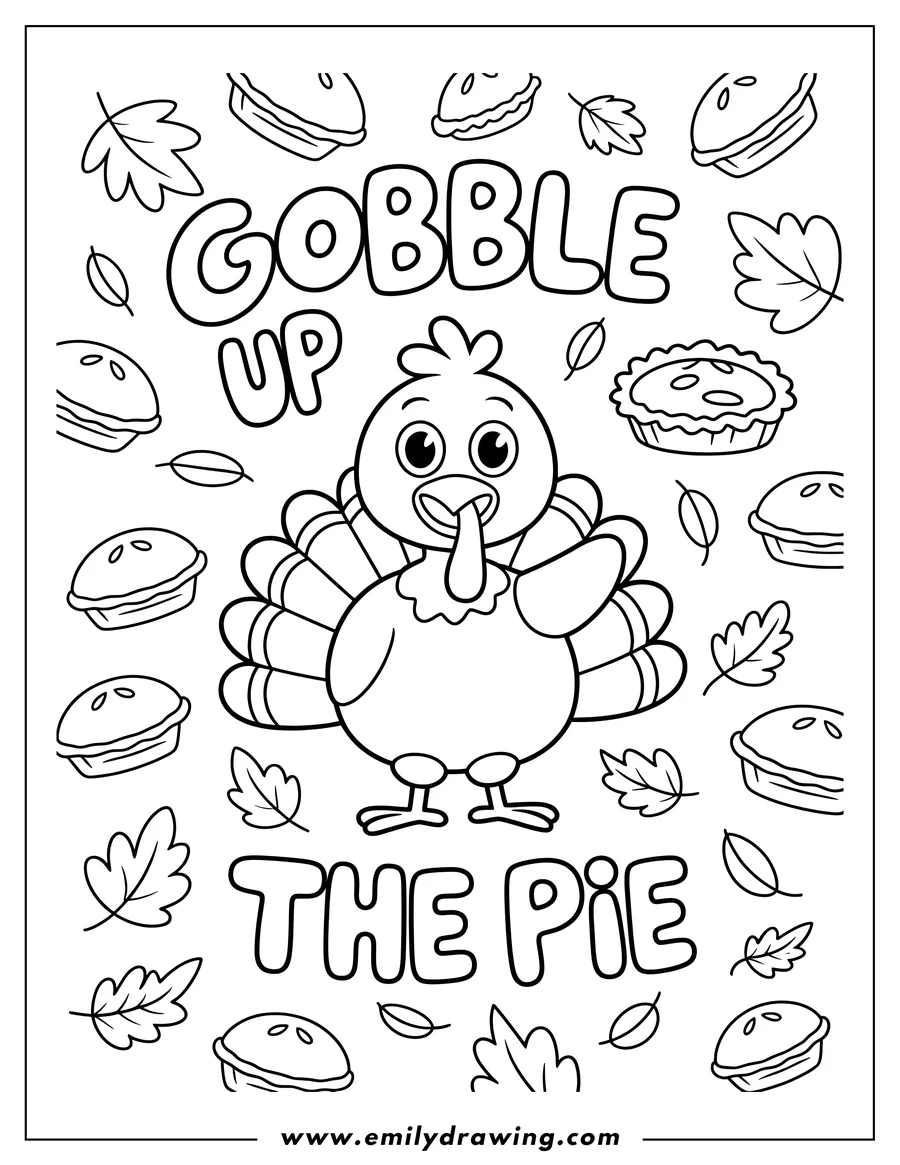 Line art of a turkey surrounded by pies and autumn leaves. The words