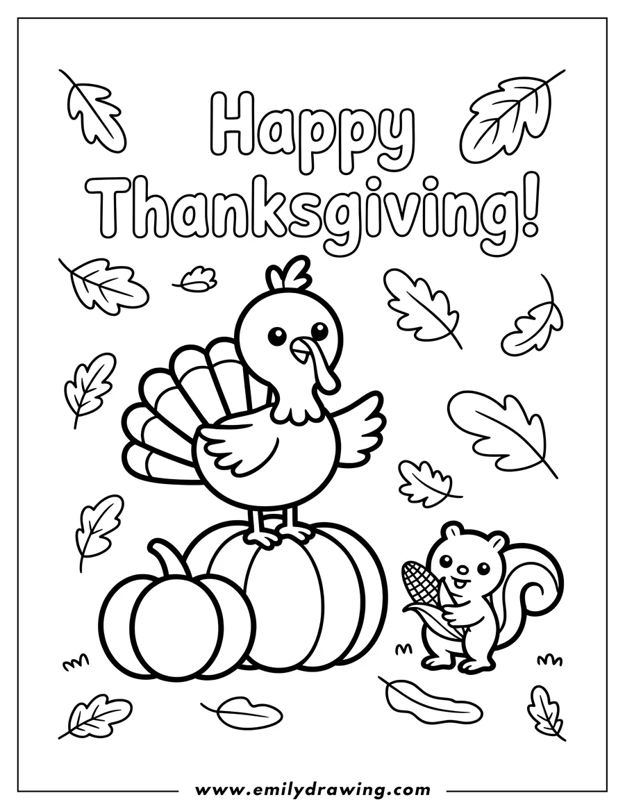 Line art illustration of a turkey standing on a pumpkin and a squirrel holding corn on the cob, surrounded by falling autumn leaves, with