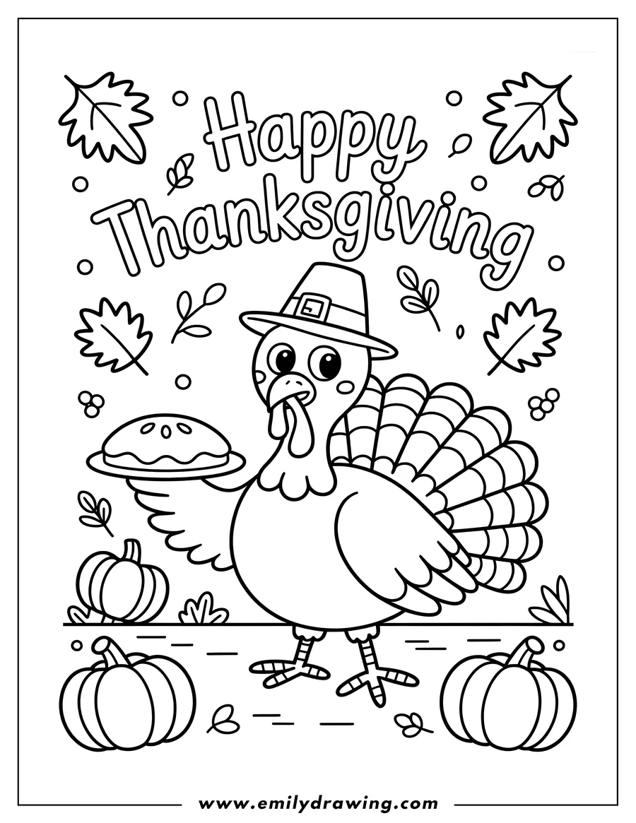 Outline of a turkey wearing a pilgrim hat and holding a pie, surrounded by pumpkins and fall leaves.