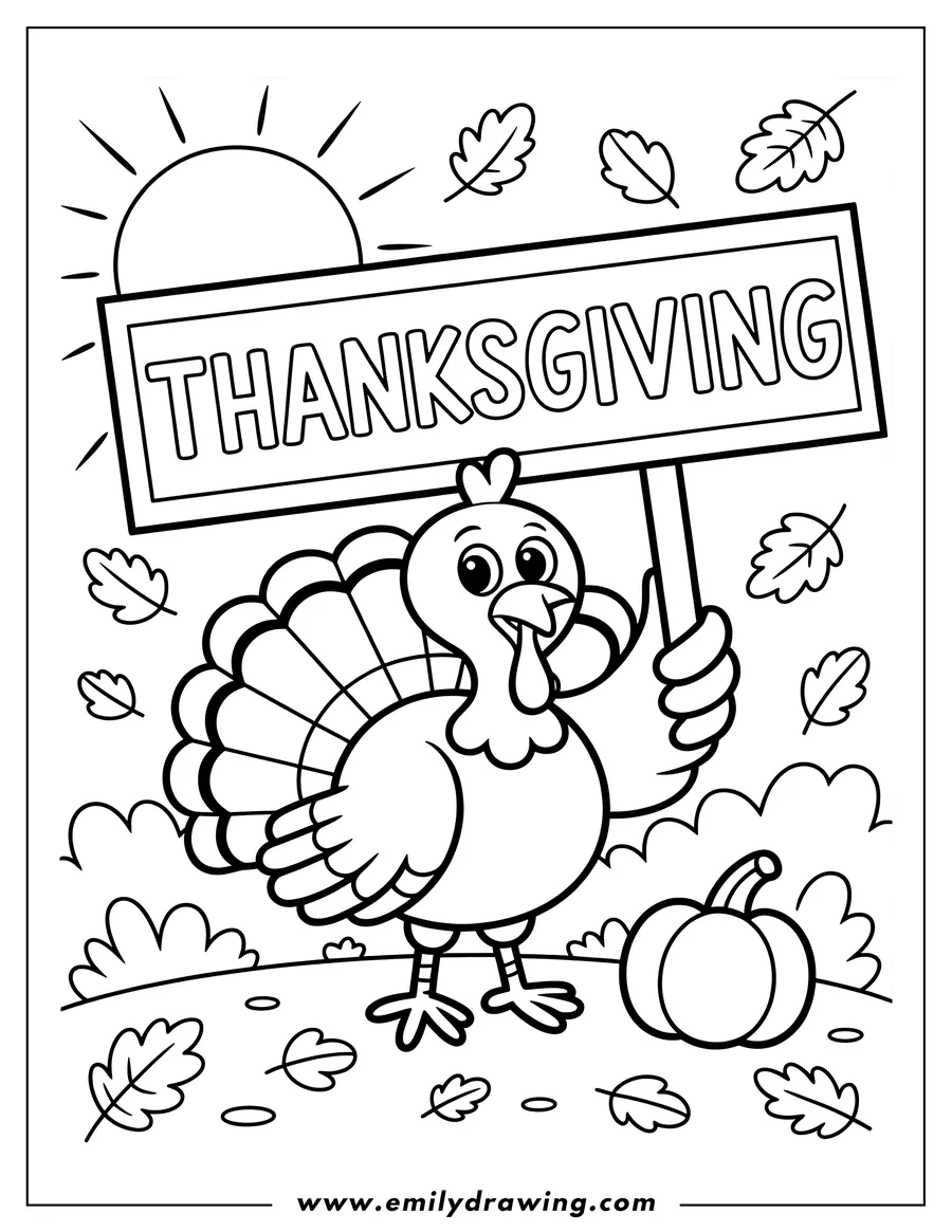 Line art of a turkey holding a sign that says Thanksgiving, with a pumpkin and falling leaves.