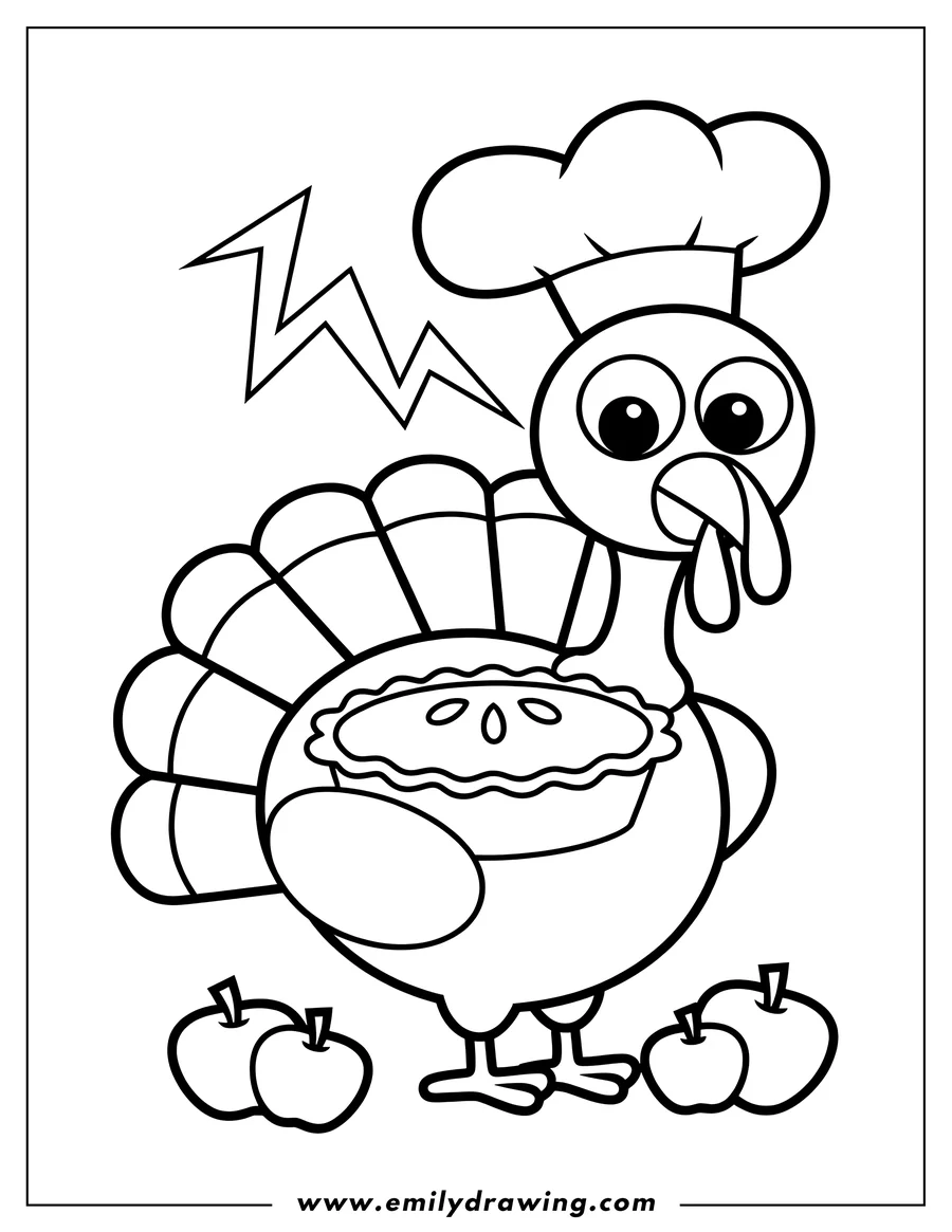 Line art of a turkey wearing a chef's hat and holding a pie, with apples nearby.