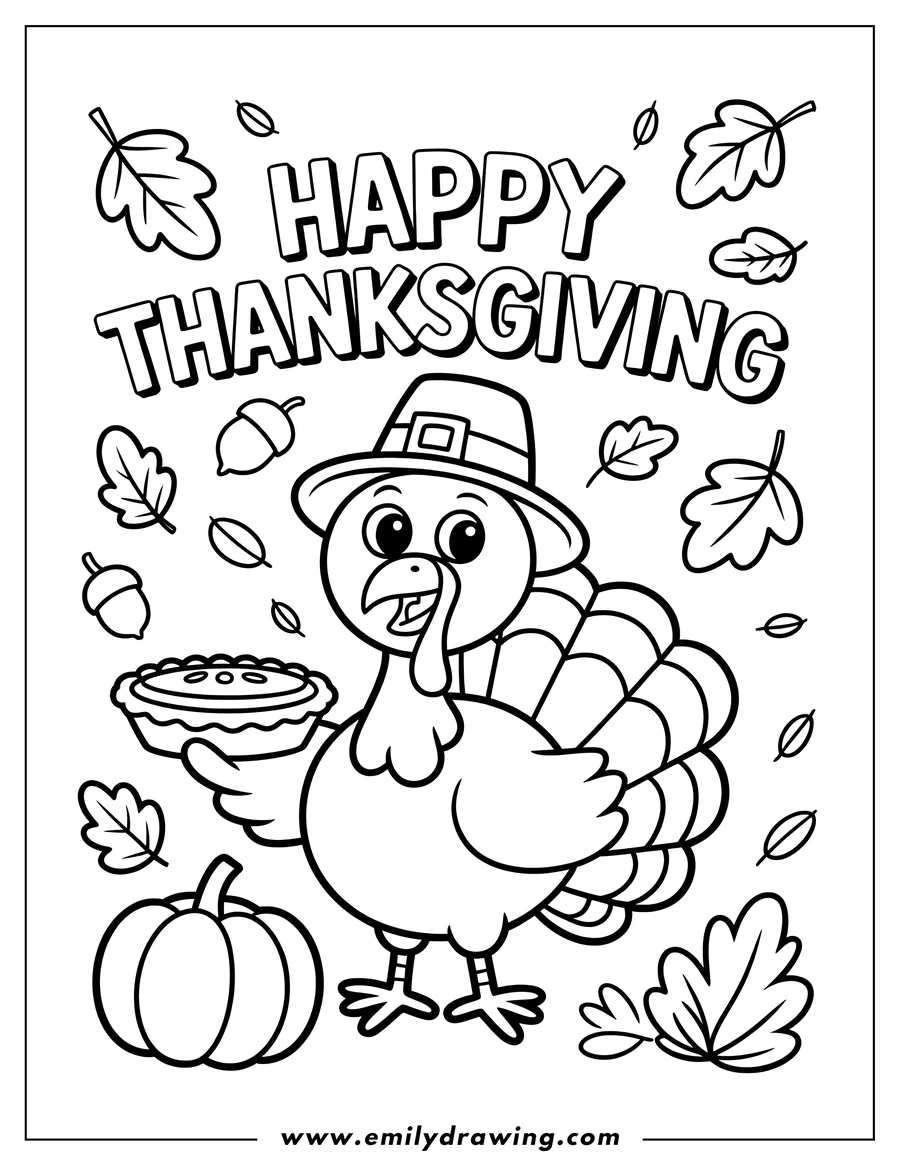Line art of a turkey wearing a pilgrim hat and holding a pie, with a pumpkin and autumn leaves in the background. The words 'Happy Thanksgiving' appear at the top.