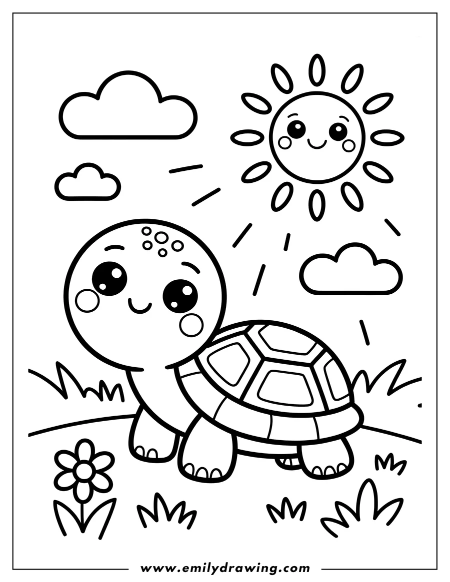 Outline of a cute, cartoon kawaii turtle walking on grassy ground with a happy, shining sun and clouds in the sky.