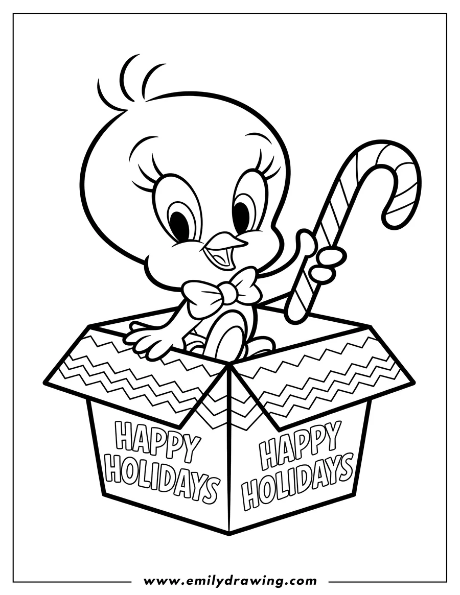 Line art of Tweety Bird sitting in a decorated Happy Holidays gift box and holding a candy cane.